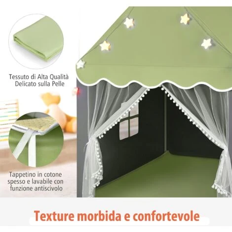 COSTWAY Tenda Da Gioco Per Bambini, Tenda Castello Con Tappetino Lavabile, Luci A Forma Di Stella, Per Interno Ed Esterno, 105 X 121 X 136 Cm (Verde) 4 COSTWAY Tenda Da Gioco Per Bambini, Tenda Castello Con Tappetino Lavabile, Luci A Forma Di Stella, Per Interno Ed Esterno, 105 X 121 X 136 Cm (Verde) - immagine 2