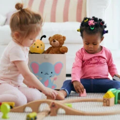 Relaxdays Box Portagiocattoli, Cesta In Stoffa Portaoggetti, 33x33x33 Cm, Design Elefante, Camera Bambini, Beige Azzurro -Cameretta Per Bambini 96758327 3