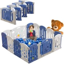Box Per Neonati Centro AttivitĂ  Pieghevole In Plastica Con Porta E Tavola Giocattolo, Parco Giochi Di Sicurezza Per Bambini, Bianco E Blu (14 Pezzi) HENGMEI