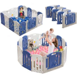 Box Per Neonati Centro AttivitĂ  Pieghevole In Plastica Con Porta E Tavola Giocattolo, Parco Giochi Di Sicurezza Per Bambini, Bianco E Blu (14 Pezzi) HENGMEI -Cameretta Per Bambini 96810209 3