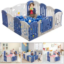 Box Per Neonati Centro AttivitĂ  Pieghevole In Plastica Con Porta E Tavola Giocattolo, Parco Giochi Di Sicurezza Per Bambini, Bianco E Blu (14 Pezzi) HENGMEI -Cameretta Per Bambini 96810209 5