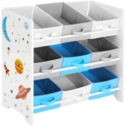 Songmics Scaffale Portaoggetti, 9 Scatole Per Giocattoli E Libri, Organizzatore In Tessuto TNT, Per Camera Dei Bambini, Sala Giochi, Asilo, 62,5 X 29,5 X 60 Cm, Motivi Spaziali, Bianco
