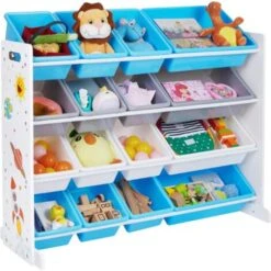 Cameretta Per Bambini 39 Songmics Scaffale Per Giocattoli, Mobile Cameretta A 4 Ripiani Con 16 Contenitori Rimovibili In Plastica, Organizzatore Giochi Per Bambini, Stanza Dei Giochi, Bianco, Azzurro E Grigio ,