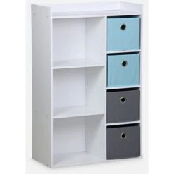 Mobile Contenitore Per Bambini, Bianco - Camille - Con 3 Ripiani E 4 Cestini Grigio E Blu -Cameretta Per Bambini 98850398 3