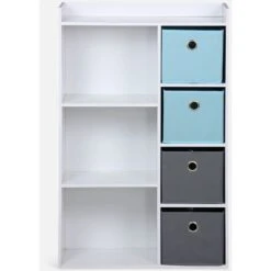 Mobile Contenitore Per Bambini, Bianco - Camille - Con 3 Ripiani E 4 Cestini Grigio E Blu -Cameretta Per Bambini 98850398 4