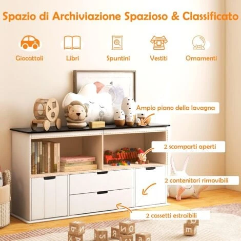 COSTWAY Mobile Porta Giochi Con 4 Cassetti, Scaffale Per Bambini Con Piano A Lavagna Scrivibile E 2 Vani Aperti, Mobiletto Multiuso Da Cameretta Soggiorno E Studio, 121 X 33 X 62 Cm 7 COSTWAY Mobile Porta Giochi Con 4 Cassetti, Scaffale Per Bambini Con Piano A Lavagna Scrivibile E 2 Vani Aperti, Mobiletto Multiuso Da Cameretta Soggiorno E Studio, 121 X 33 X 62 Cm - immagine 5