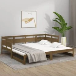 Letto Matrimoniale Moderno Struttura Letto Dormeuse Estraibile Miele Legno Massello Di Pino 2x(90x200) Cm ITD69856 -Cameretta Per Bambini 99875536 3