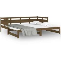 Letto Matrimoniale Moderno Struttura Letto Dormeuse Estraibile Miele Legno Massello Di Pino 2x(90x200) Cm ITD69856 -Cameretta Per Bambini 99875536 4
